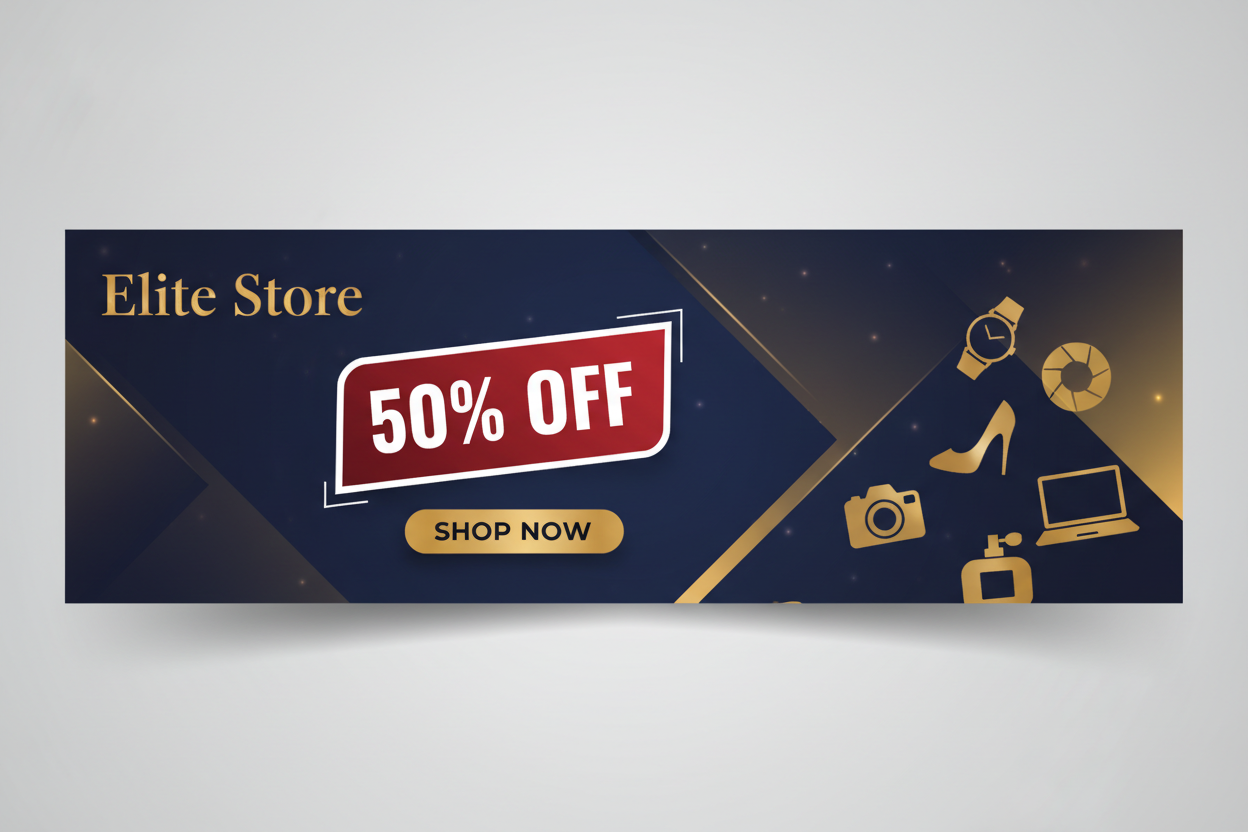 elite stree store is my store name for all categories
create a banner and use shop now button and 50% off tag